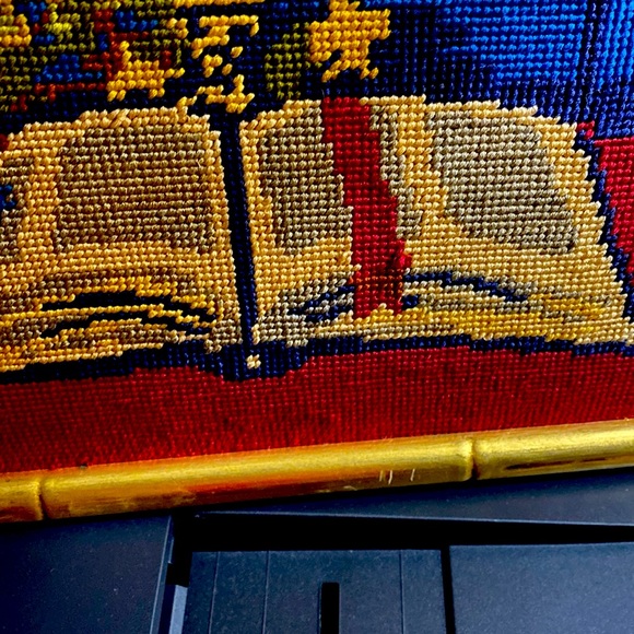 Large Needle Point Approximately19’ by 13’ Vibrant Colors Gold Bamboo Frame - Picture 10 of 12